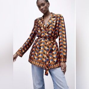 Zara Brown Geometric Satin Belted Blazer with Blue Accents